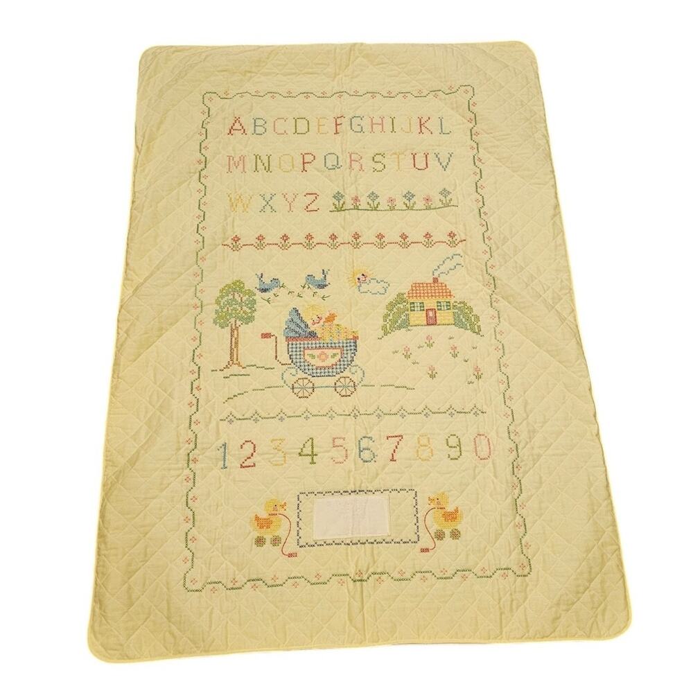 Yellow Baby Crib Hand Embroidered Crib Blanket Bedspread ABC123 Sampler Bucilla